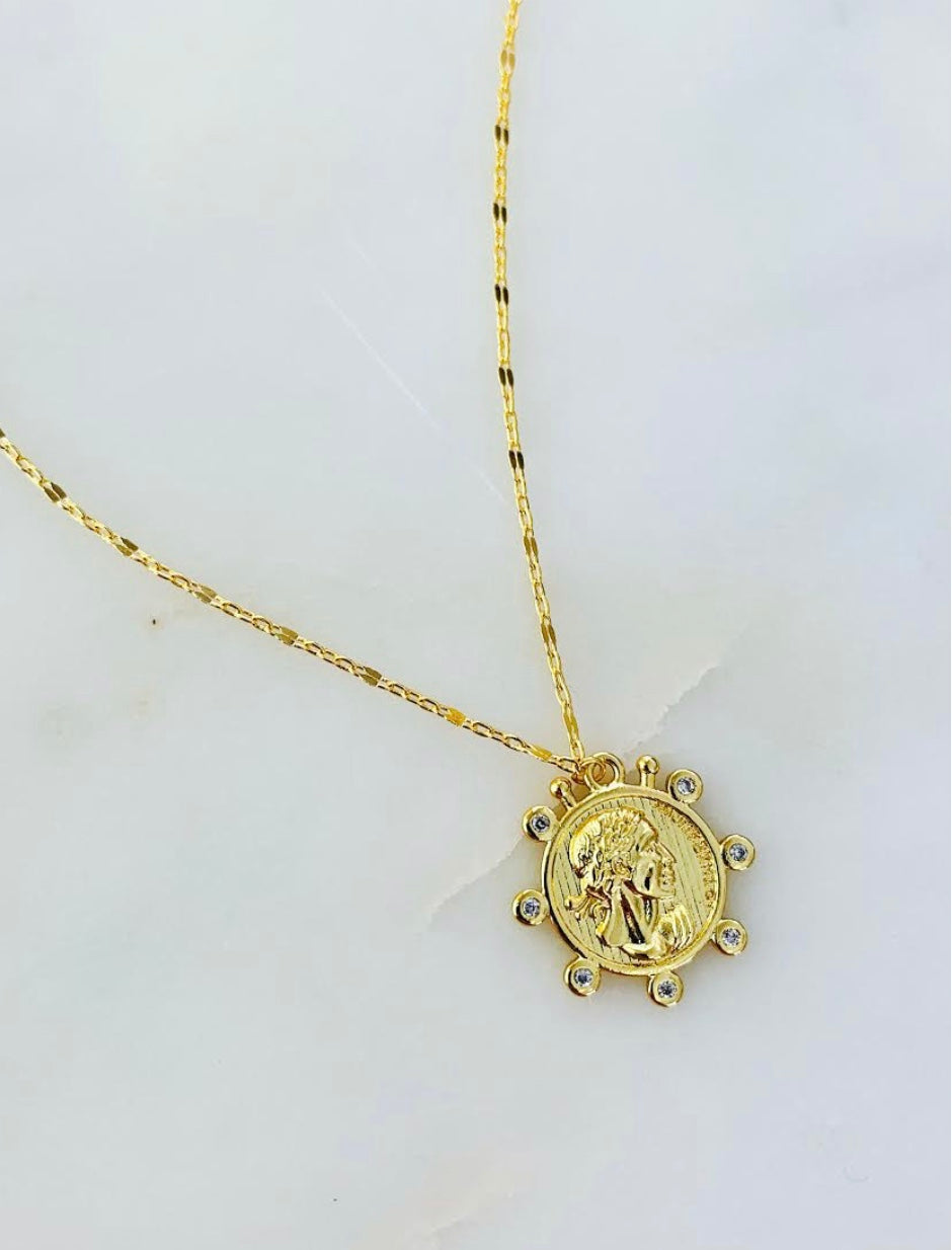 Greek coin with cz bezel trim necklace