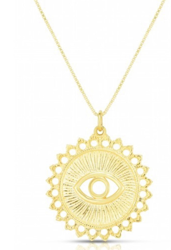 Greek gold evil eye medallion necklace